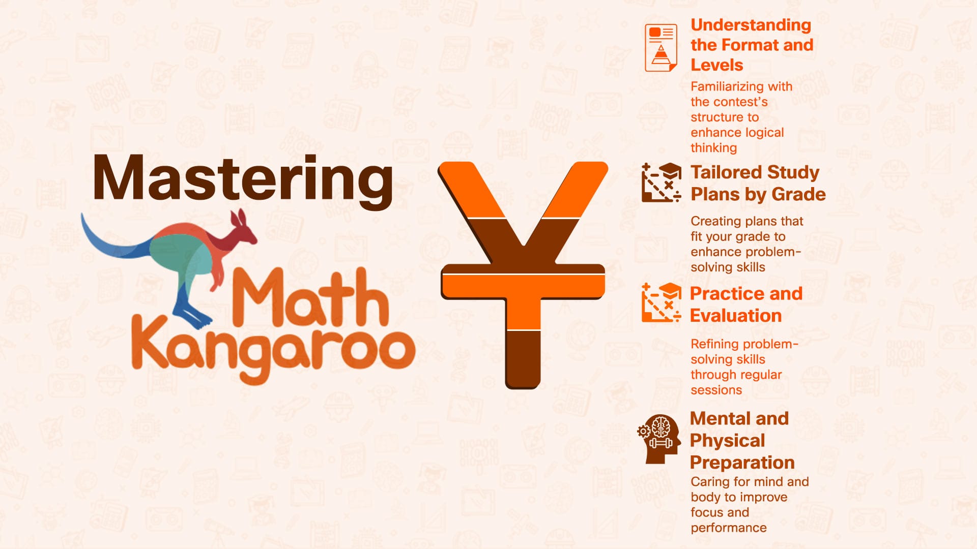 Visual breakdown of Math Kangaroo mastery covering contest structure, tailored preparation, and evaluation techniques.