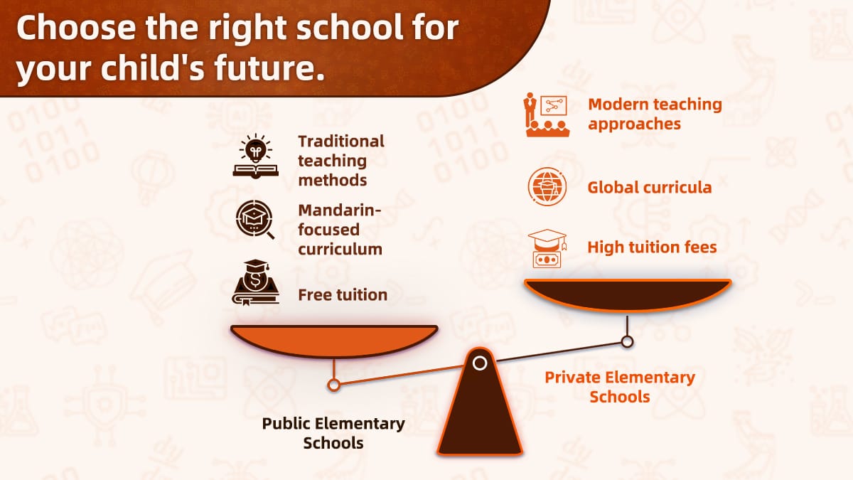 Comparison of public and private elementary schools in China showing teaching methods, curriculum focus, and tuition differences.