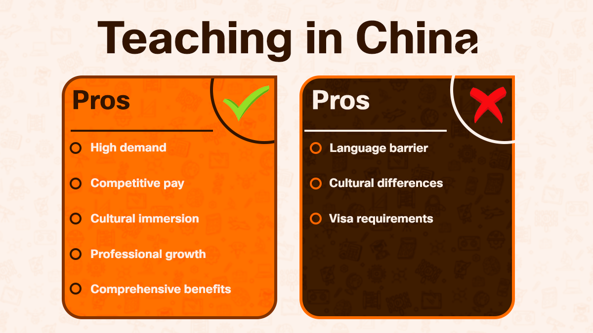 Two-column comparison chart showing positive and negative aspects of China teaching careers.