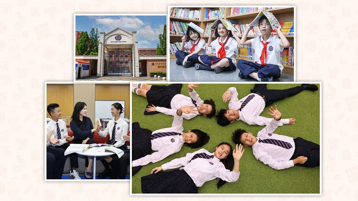 Wuhan Britain-China School campus entrance, library activities, and students in various learning settings