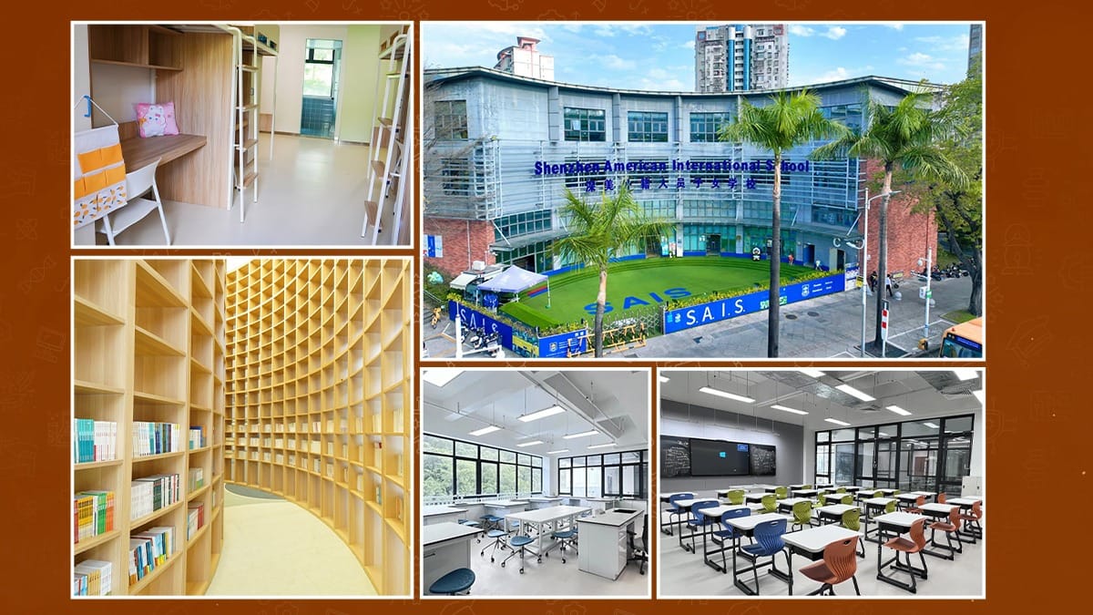 Shenzhen American International School campus facilities including classrooms and library