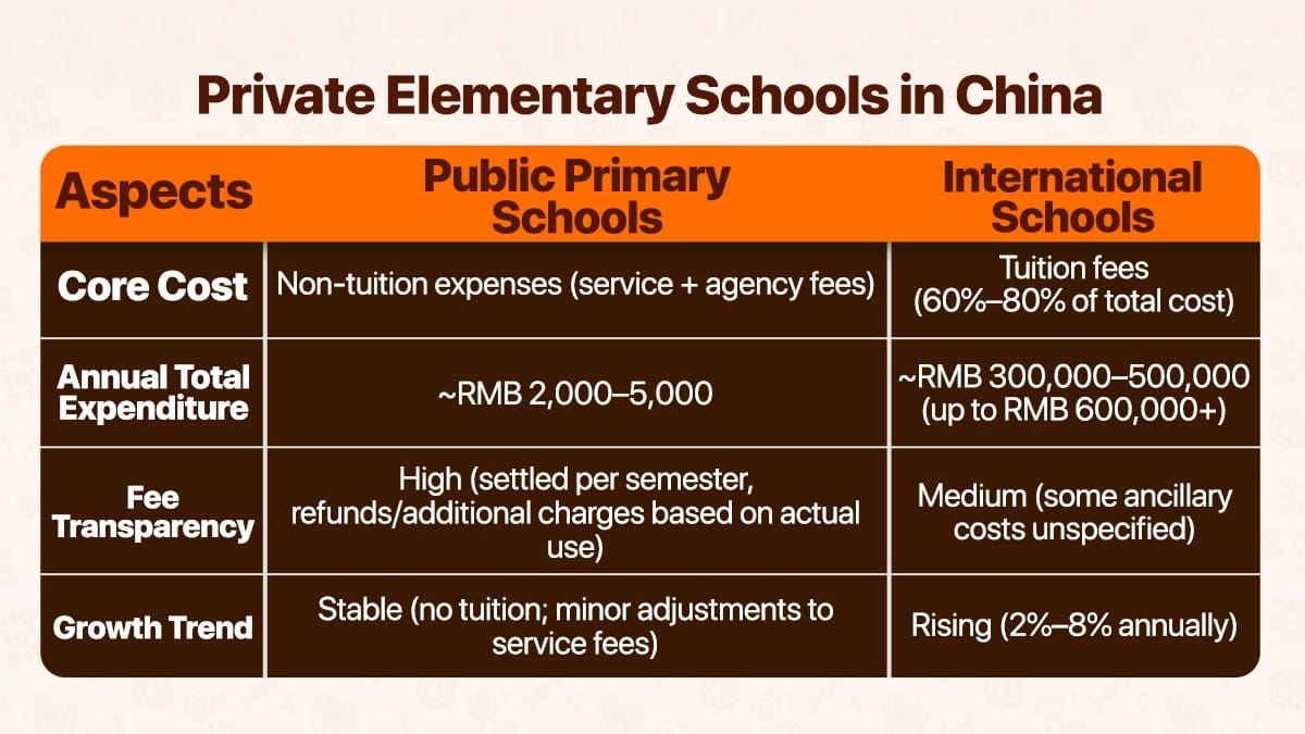 Elementary School in China cost comparison table for public vs international schools