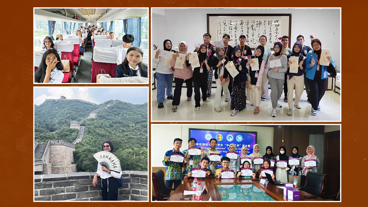 Study tour Indonesia participants on bus, at Great Wall, and receiving certificates in China