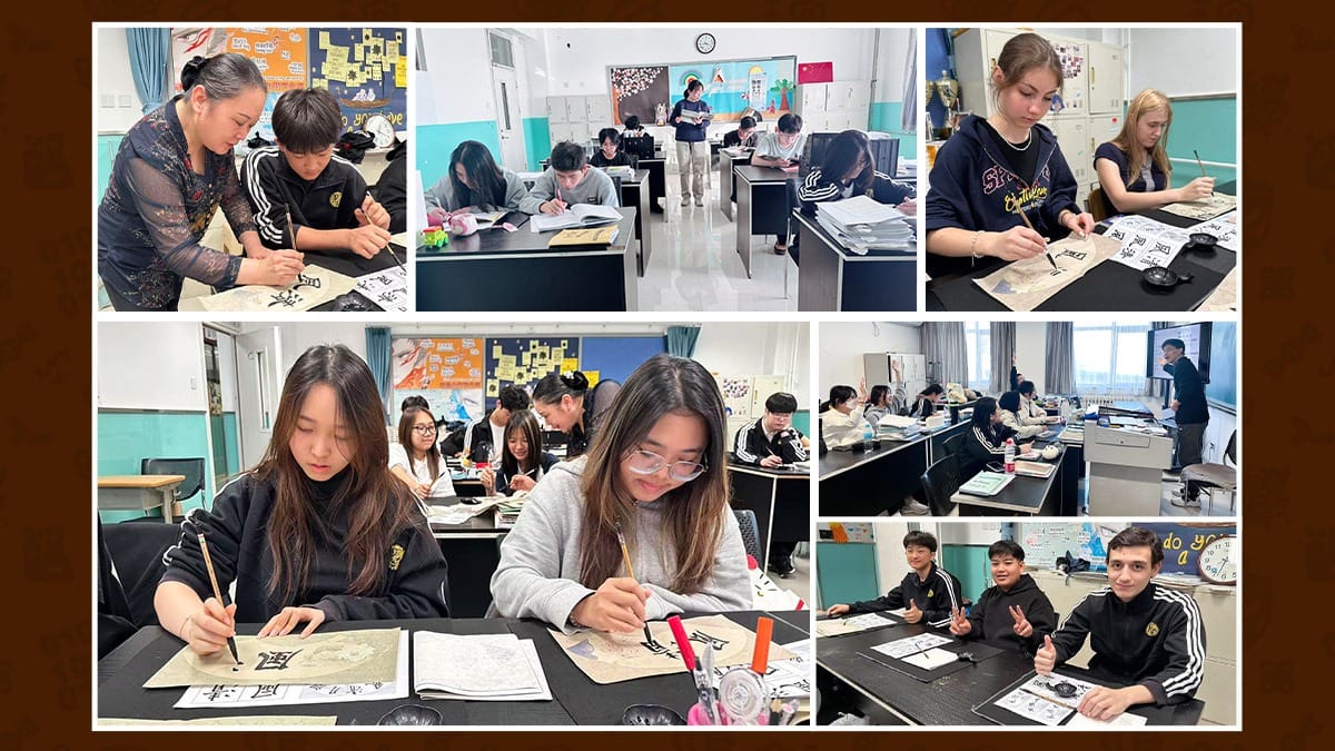 Beijing No. 39 High School students practicing Chinese calligraphy in classroom