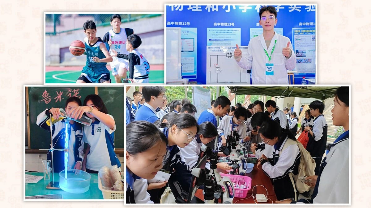 Shen Wai International School Shenzhen students in basketball, science fair, and lab work