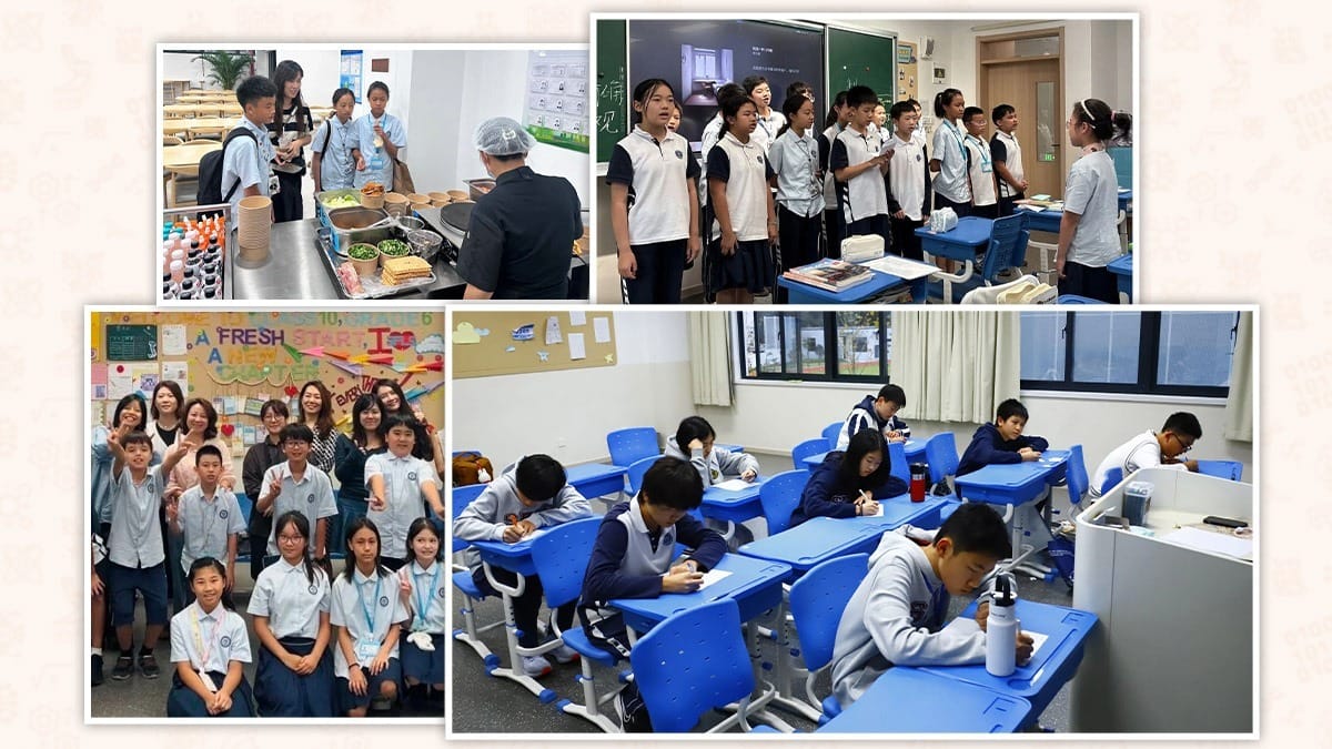Shanghai Foreign Language School student life showing cafeteria, classroom, and study scenes