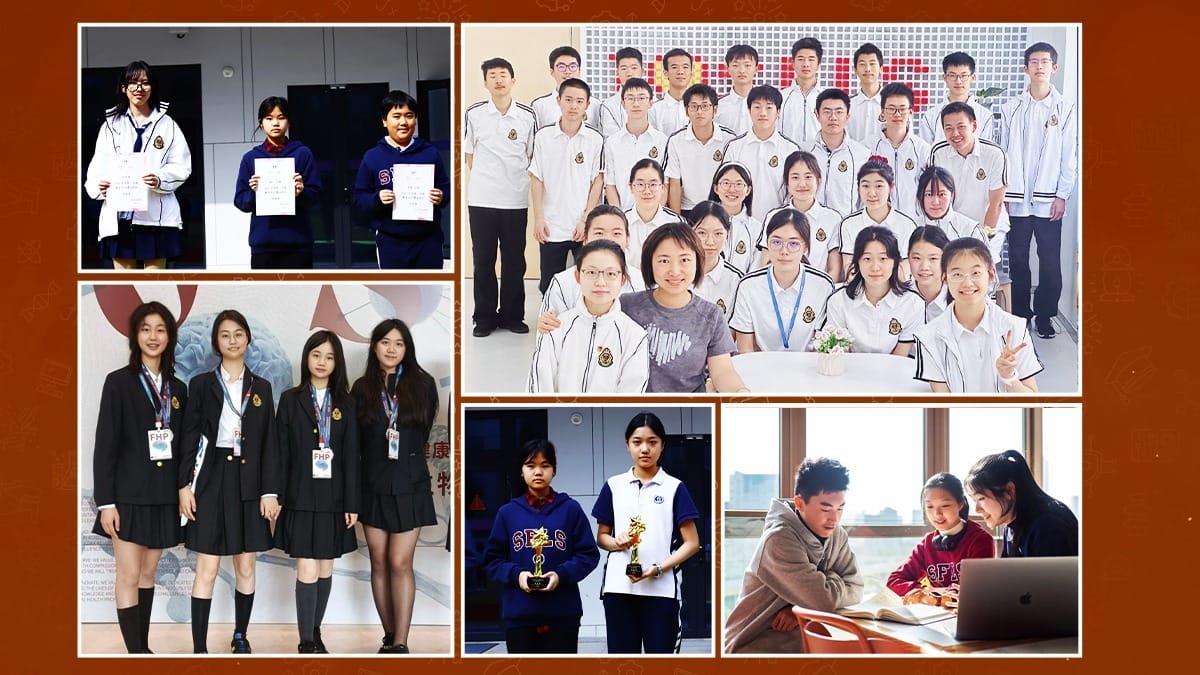 Shanghai Foreign Language School students in uniforms with awards and group photos