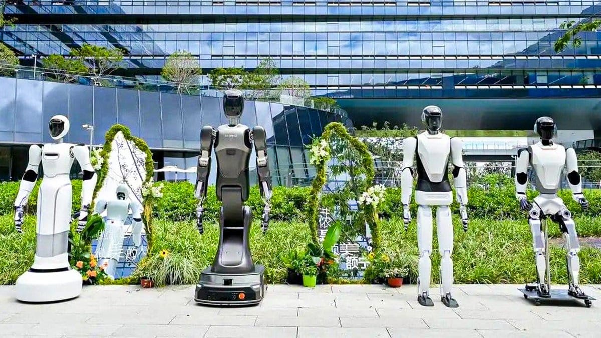 STEAM Education humanoid robots displayed outside a modern tech building in China