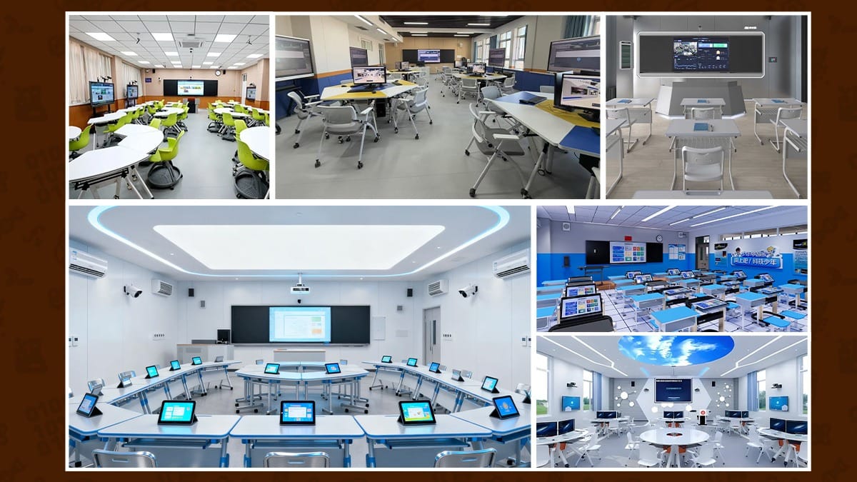 Schools of the Future showing Smart AI Laboratories with digital learning stations