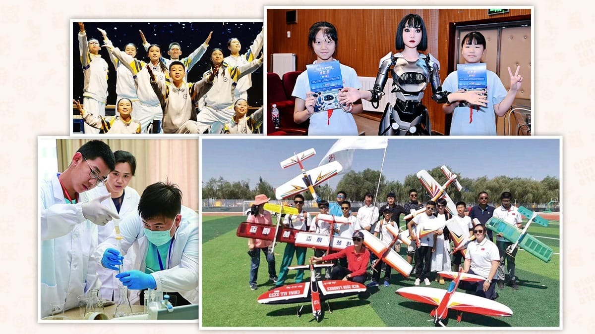 Beijing BAYI School students in performing arts, robotics, lab science, and aviation