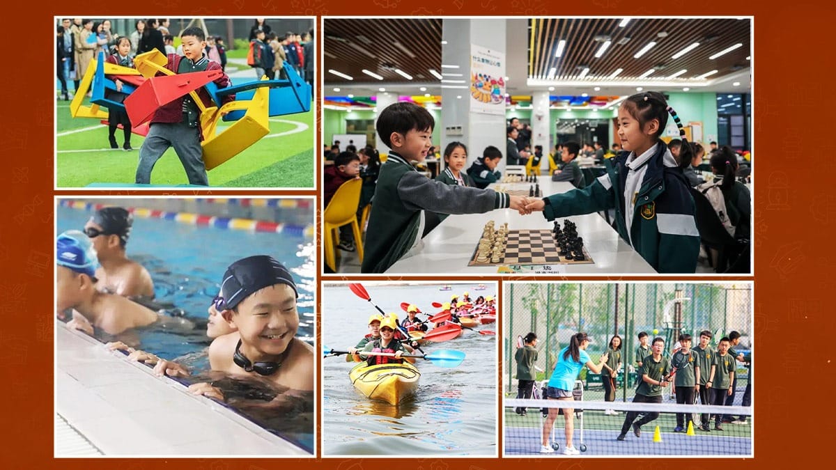 Chongqing BI Academy students enjoying sports, swimming, chess, and outdoor activities
