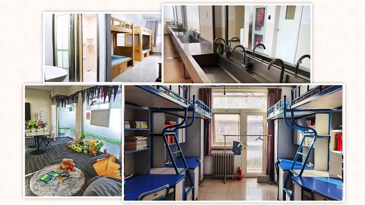 Beijing 101 Middle School student dorms with bunk beds, bathrooms, and lounges