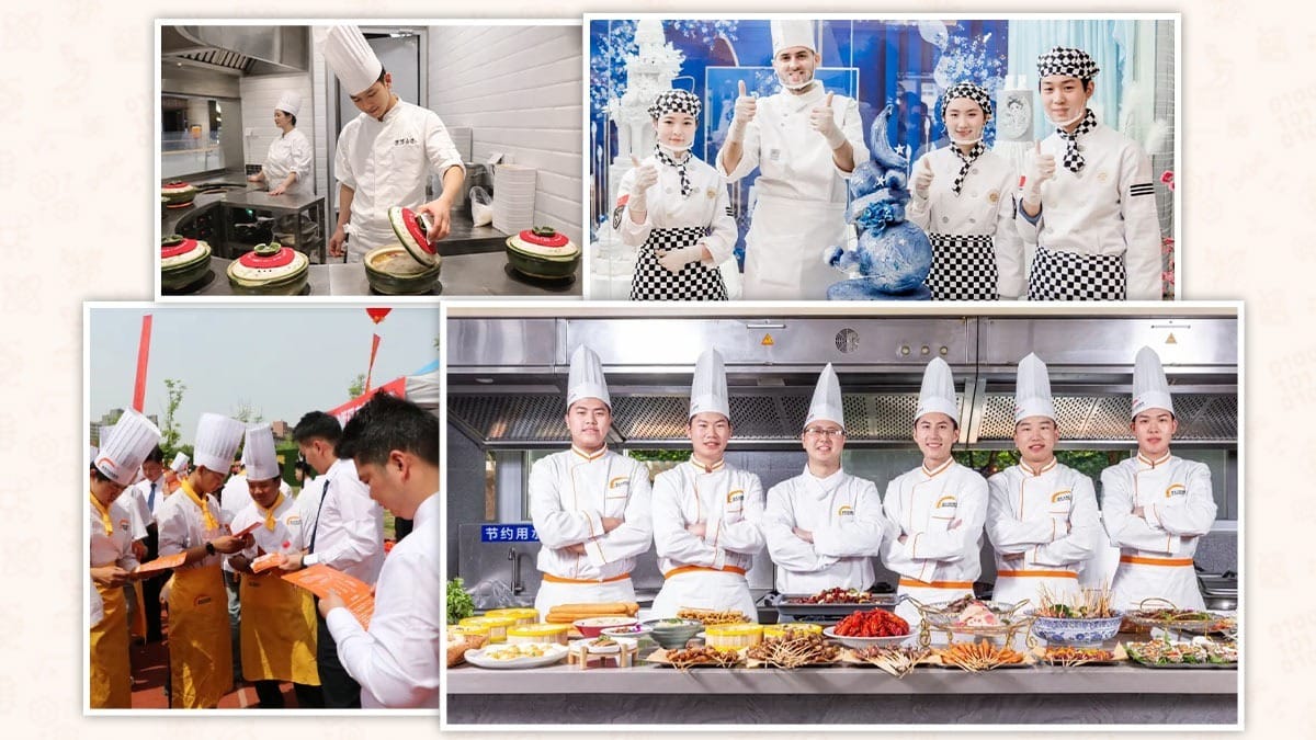 Cuisine Schools in China collage showing students cooking, training, and posing with dishes