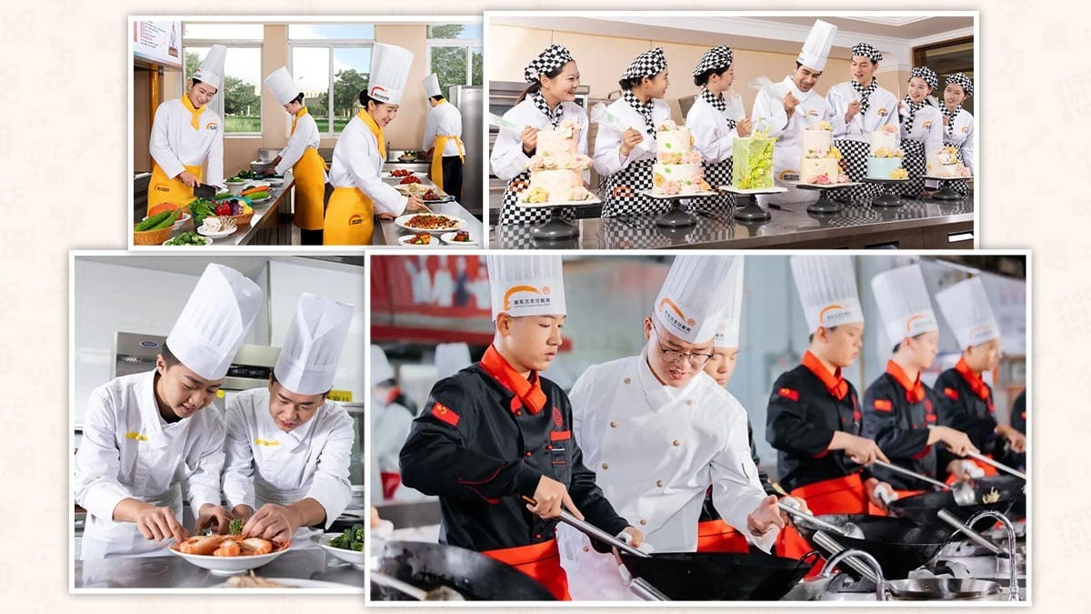 Cuisine Schools in China students plating dishes, decorating cakes, and wok cooking