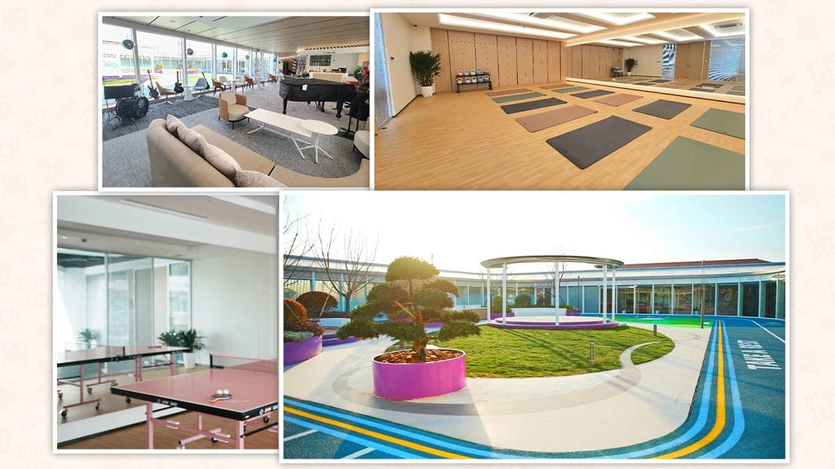 Shanghai Sunward Bilingual School campus: lounge, yoga studio, ping pong, and courtyard