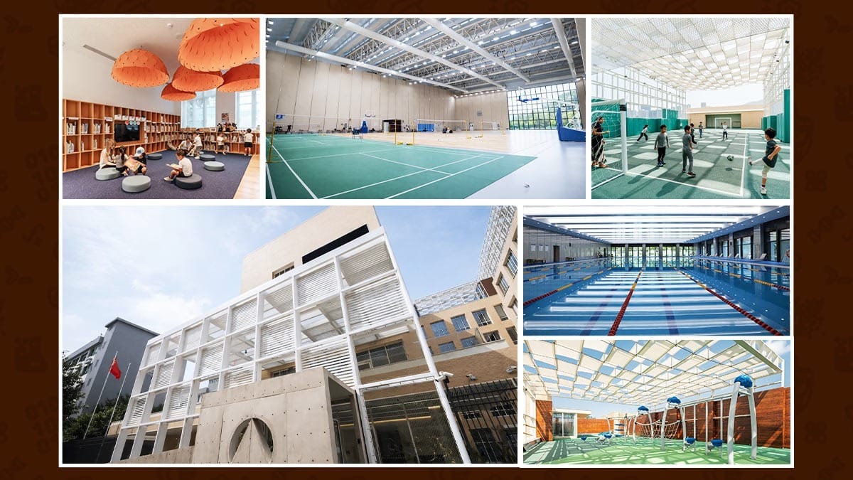Avenues Shenzhen campus with library, sports courts, pool, and playground facilities