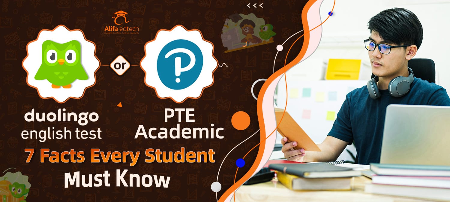Visual guide comparing Duolingo and PTE tests with key facts for student awareness.
