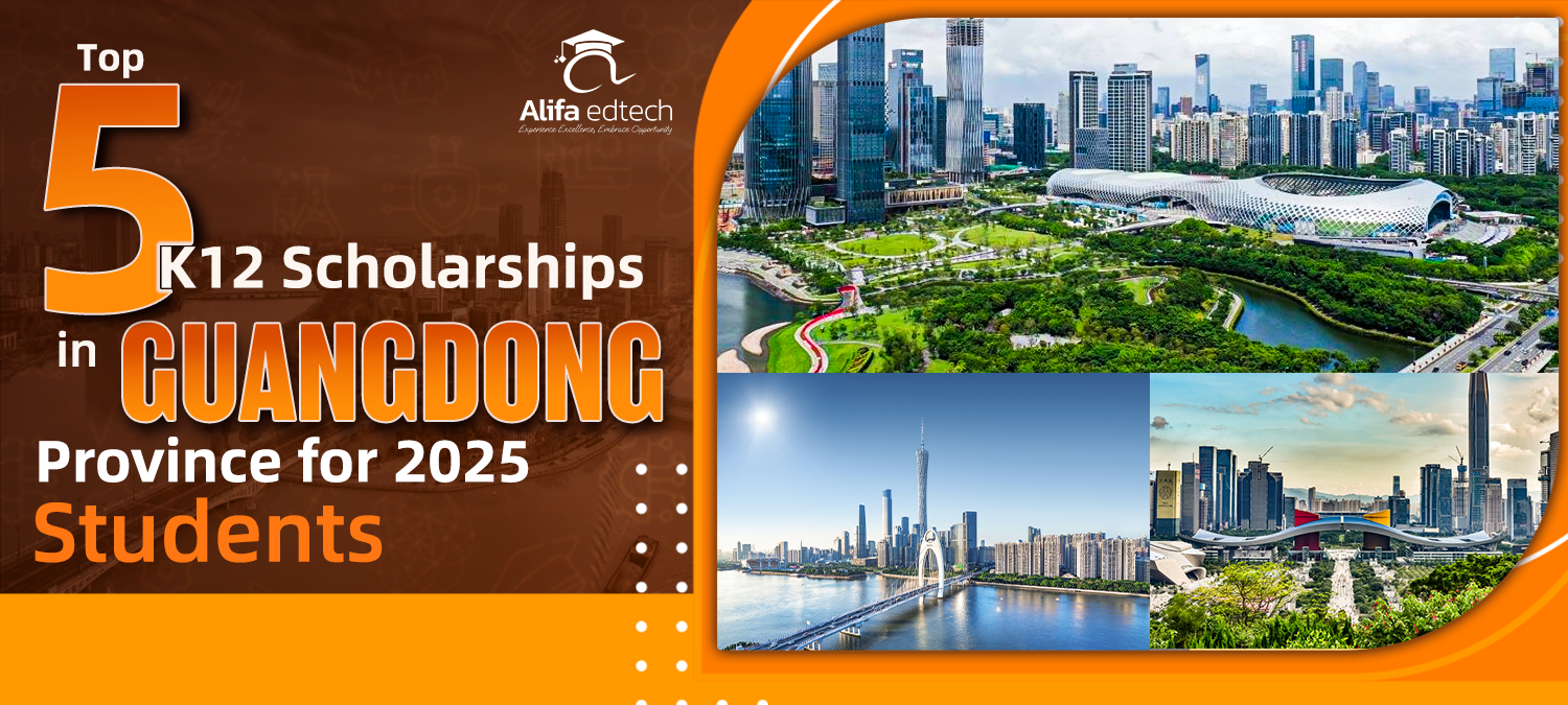 Alifa edtech company promoting five scholarship opportunities in Guangdong Province with contemporary Chinese city views
