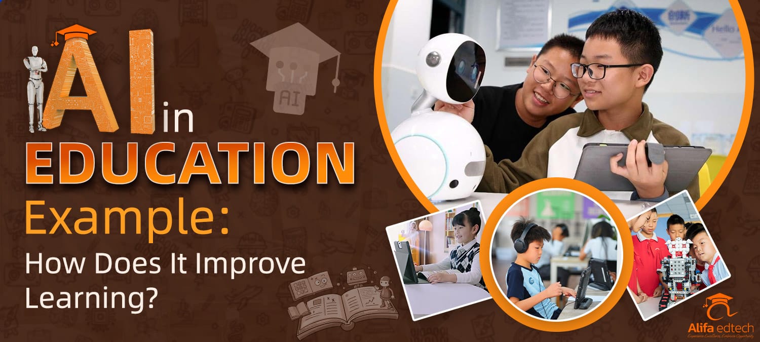 AI in education banner showing students interacting with robots and technology for learning.