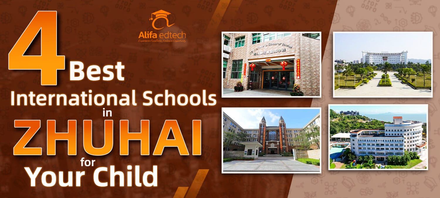 Alifa edtech advertisement displaying four premier international schools available in Zhuhai area.