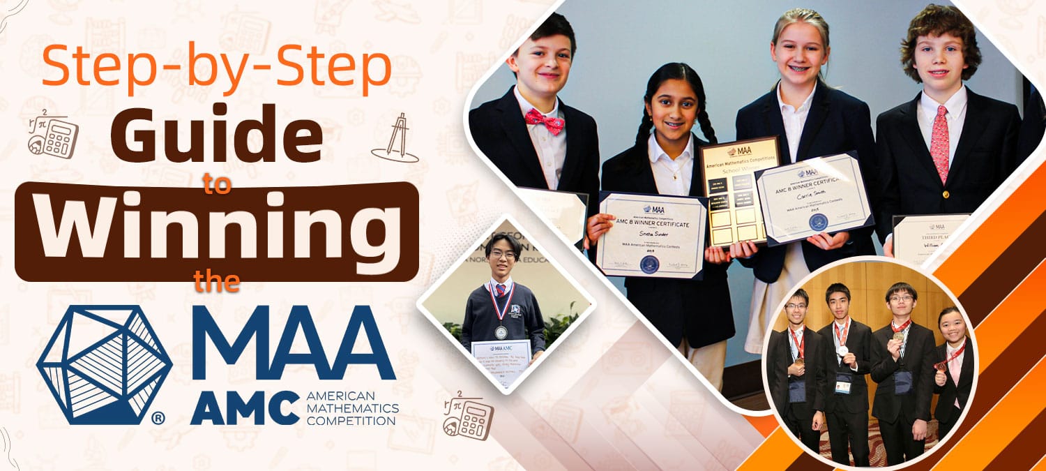 AMC winners pose with certificates in step-by-step mathematics competition success guide promotional material.