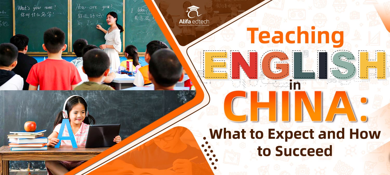 Educational banner featuring Chinese classroom environments and English teaching career guidance for educators.