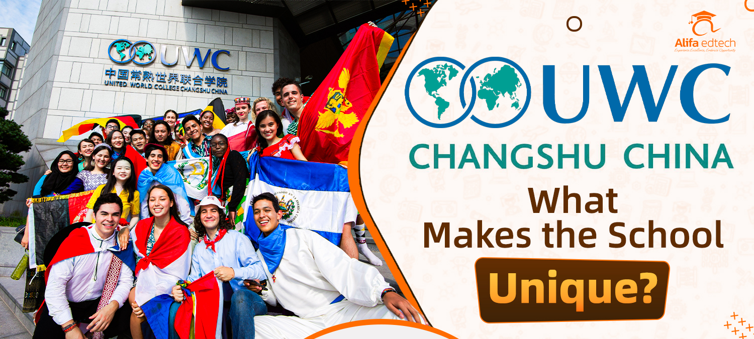 International students displaying various country flags gather at UWC Changshu China facility.