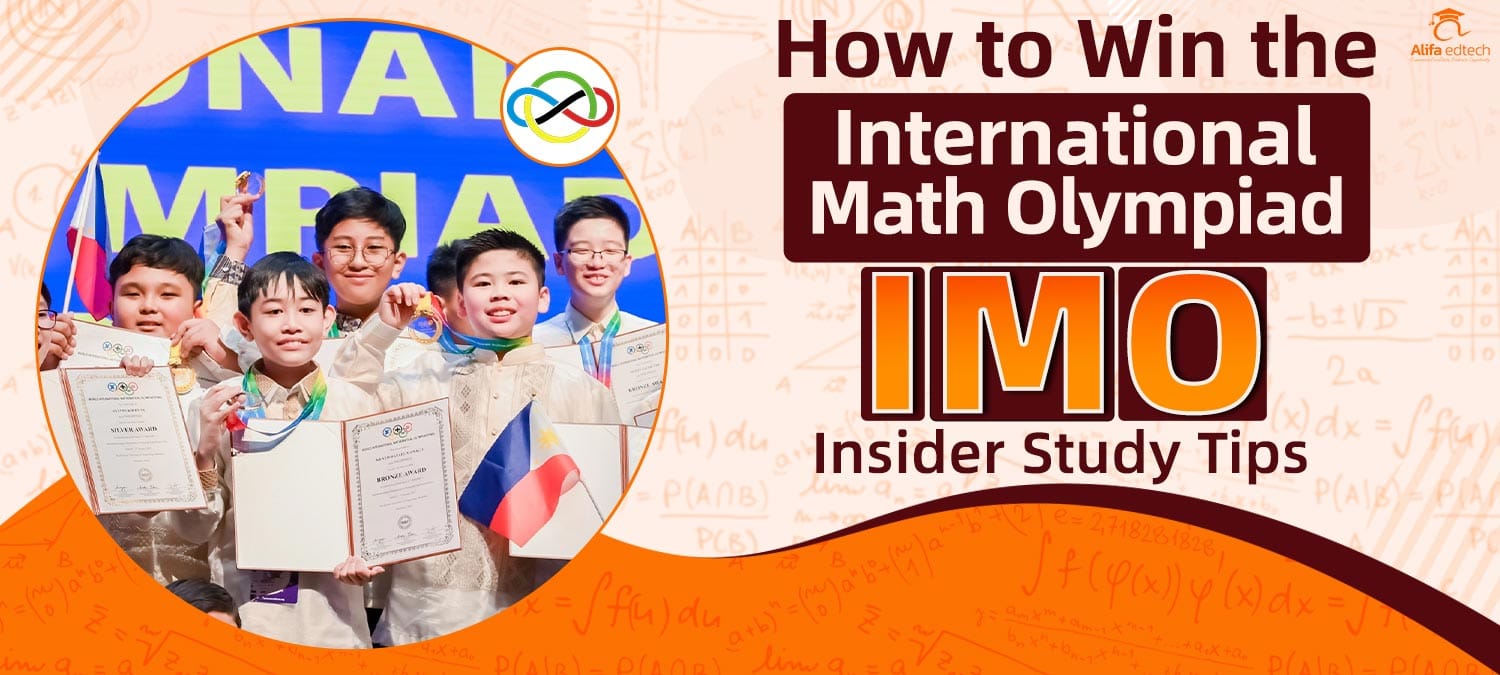 Children displaying IMO certificates and medals alongside guide for International Math Olympiad success.