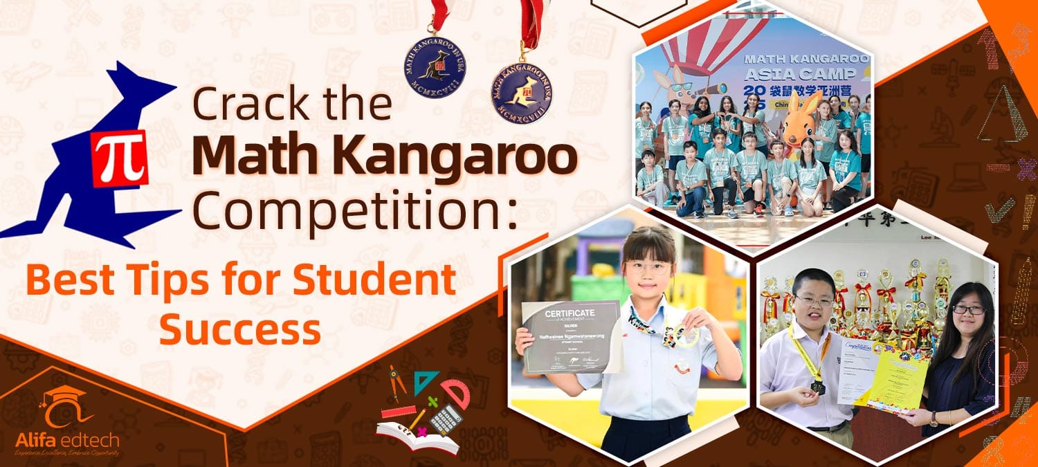 Competition preparation banner featuring Math Kangaroo branding with student success stories and academic awards.