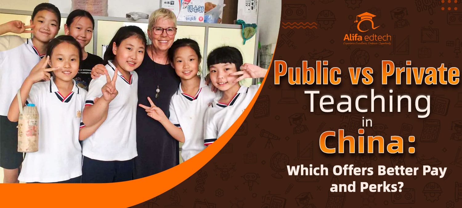 A Foreign teacher surrounded by happy students discussing teaching career options in Chinese schools.