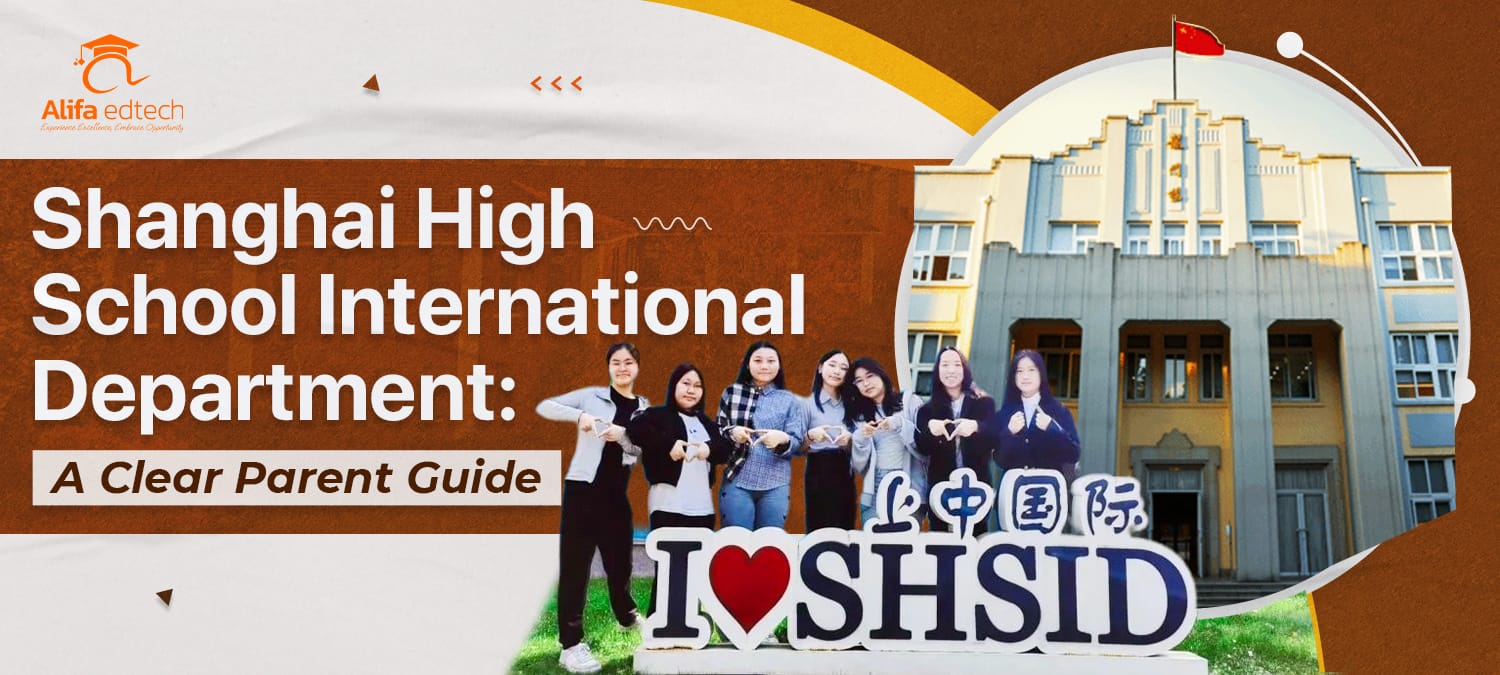 Shanghai High School International Department building with students holding I♥SHSID sign