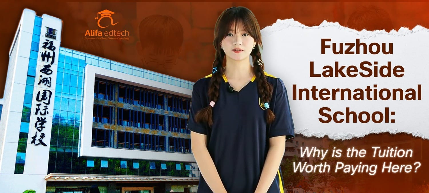 Fuzhou LakeSide International School student in uniform with campus building backdrop
