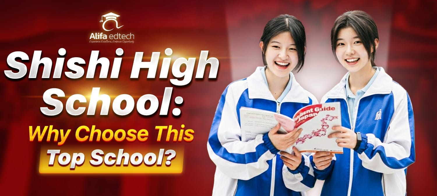 Shishi High School students in uniforms holding study guides with Alifa edtech branding