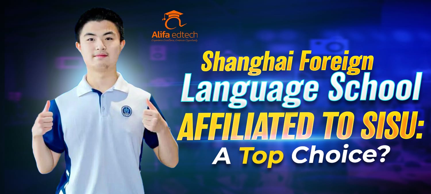 Shanghai Foreign Language School Affiliated to SISU student giving thumbs up with school logo