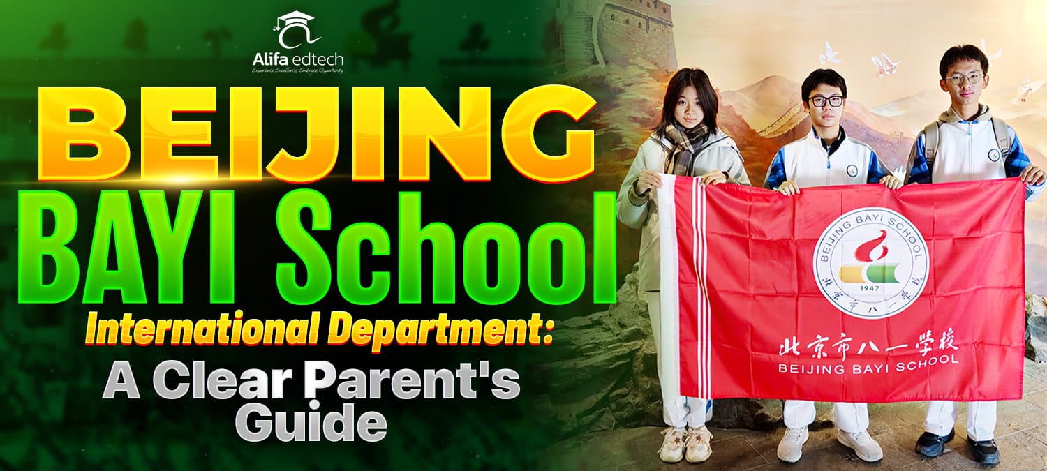 Beijing BAYI School International Department students proudly holding school flag