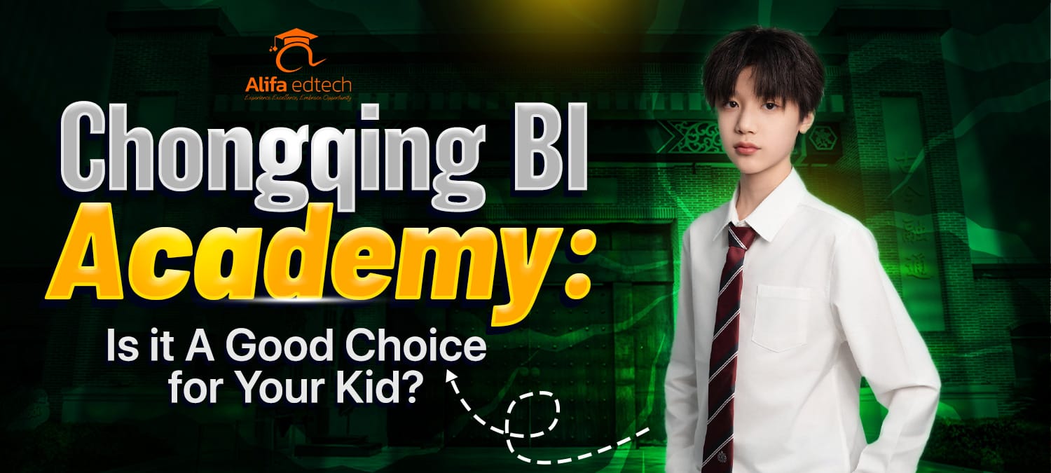 Chongqing BI Academy student in uniform with tech-themed background