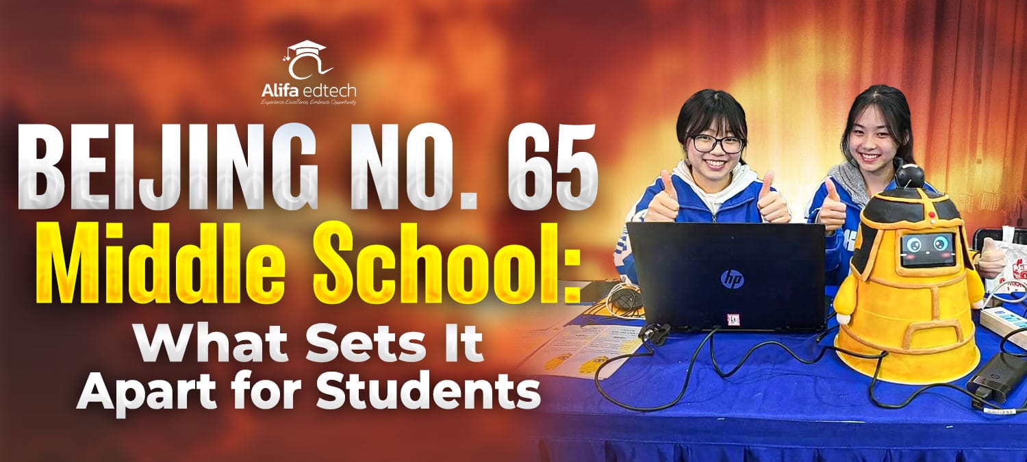 Beijing No. 65 Middle School students showcasing a robot at a STEM exhibition